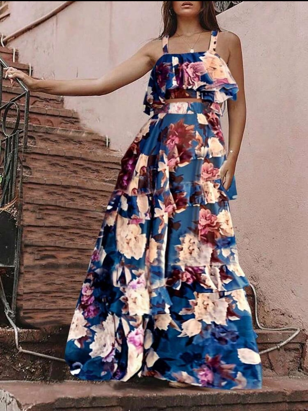 Floral Tiered Maxi Skirt in Navy Blue - Women's Skirt Maxi - Picture 4 of 6